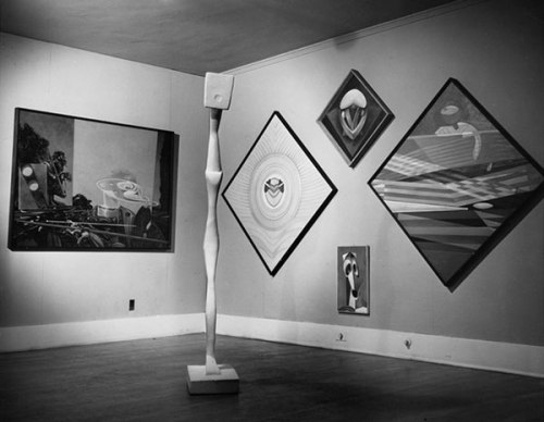Max Ernst exhibition at the Copley Galleries, ca. 1949. Photographer unknown. Courtesy of the William Nelson Copley papers, Archives of American Art, Smithsonian Institution.