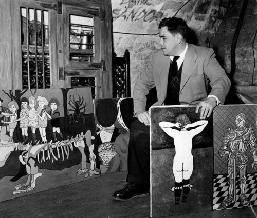 William N. Copley with his own paintings in Paris, 1951, two years after he closed the Copley Galleries and left Los Angeles. Photo: Mike De Dulmen. Courtesy the Estate of William N. Copley.